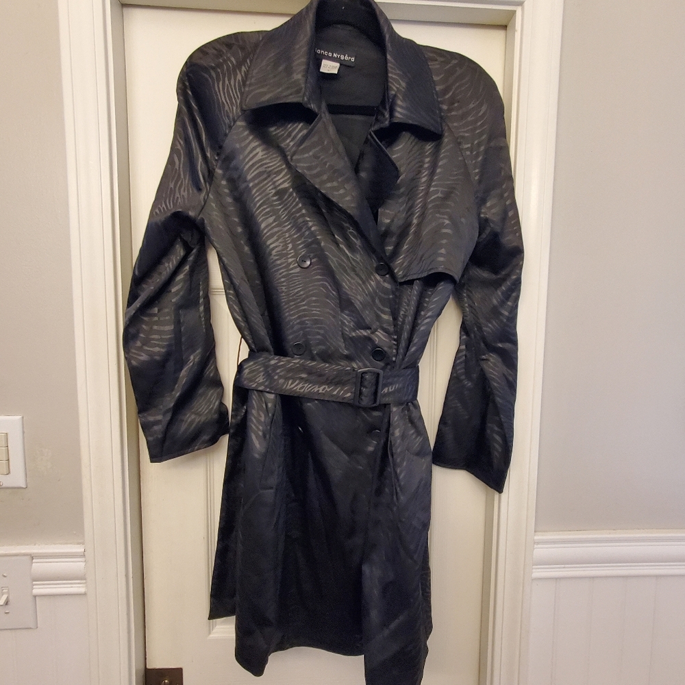 Bianca Nygard Black On Black Zebra Patterned Women's Trench Coat Size 10